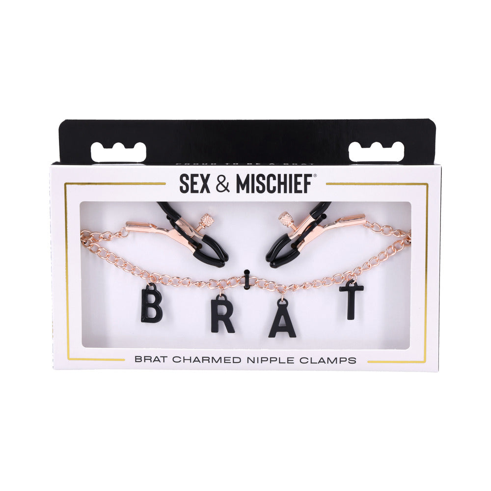 Brat Charmed Nipple Clamps - Black charms spell 'BRAT' on rose gold chain, adjustable tension rubber-tipped clamps